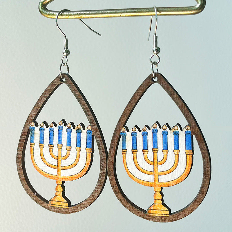 Wholesale Hanukkah Water Drop Hollow Wooden Candle Star Earrings 2 in A Pack